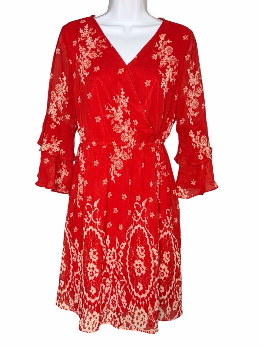Bebonnie Red Floral Wrap Dress Bell Sleeve Size Small NWT